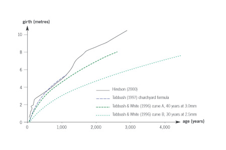 The curves in this graph can be used as a very rough guide to how old a yew tree of a given girth might be